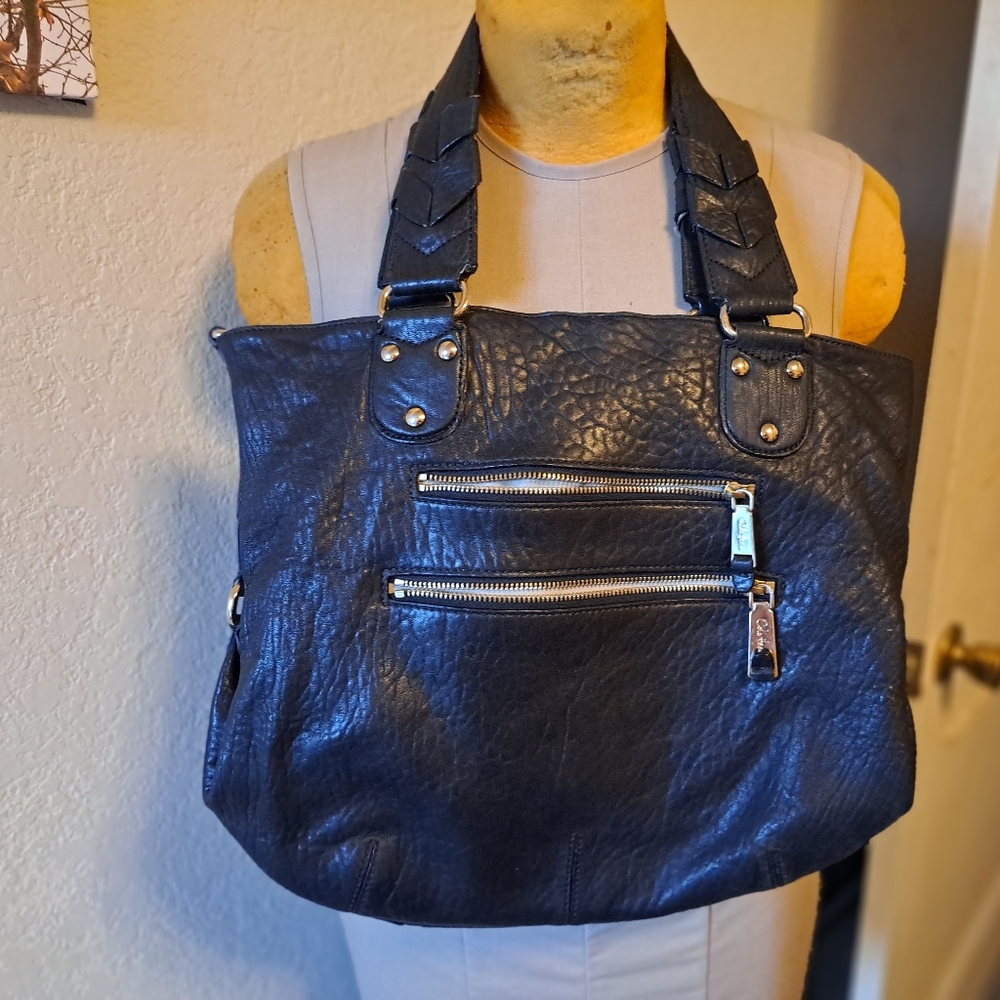 Cole Haan XL Black Leather Hobo Bag W Double Zipper Front Lining Needs Cleaning
